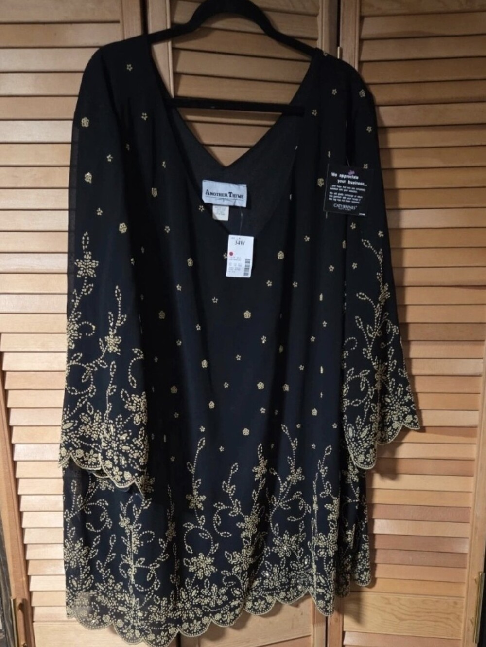 34W Black V-Neck Tunic with Gold Embroidered Floral Accents